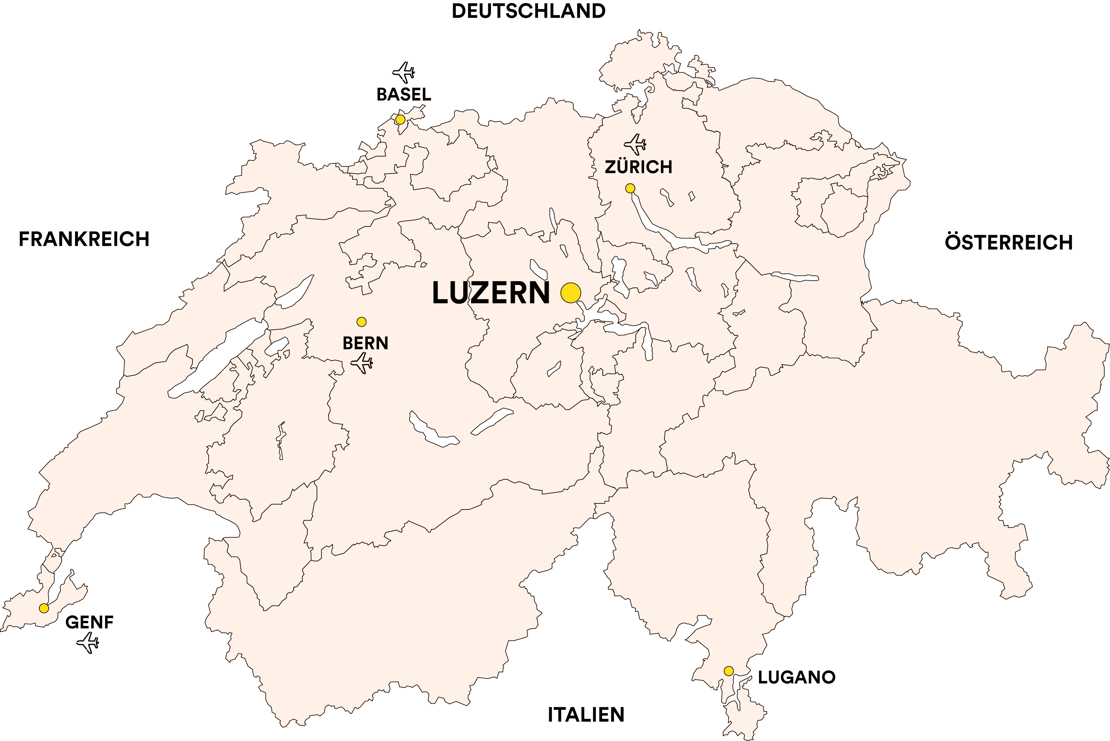 Map of Switzerland with City of Lucerne and airport cities and neighboring countries of Switzerland.